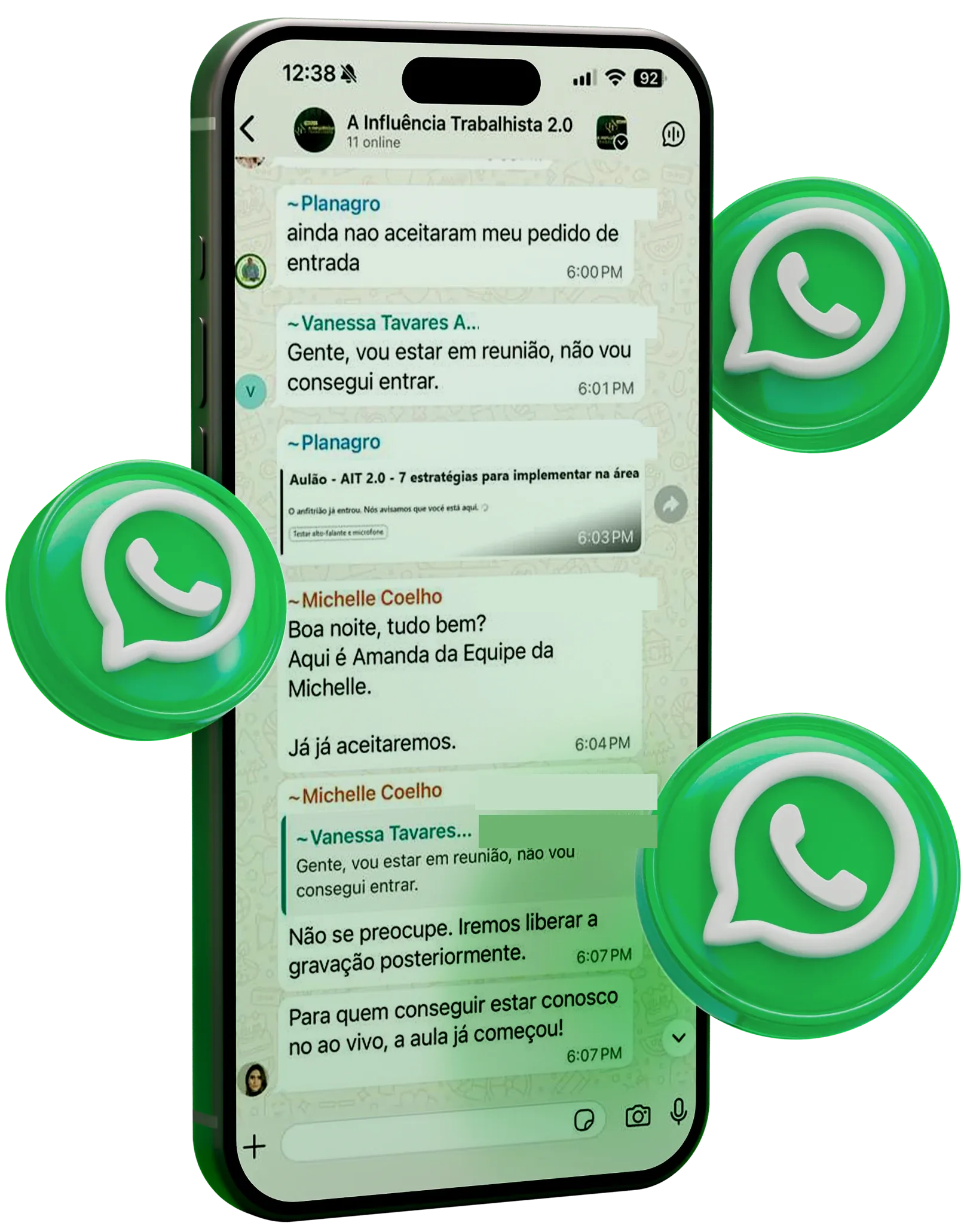 Celular com o grupo de WhatsApp da turma do A Influência Trabalhista aberto